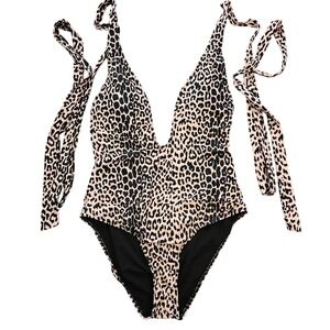 Leopard Print Plunging V-Neck One Piece Swimsuit Tie Straps 1XL Tan Black Animal